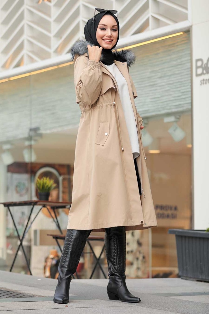 Beige Hijab Parka Coat 9066BEJ - 2