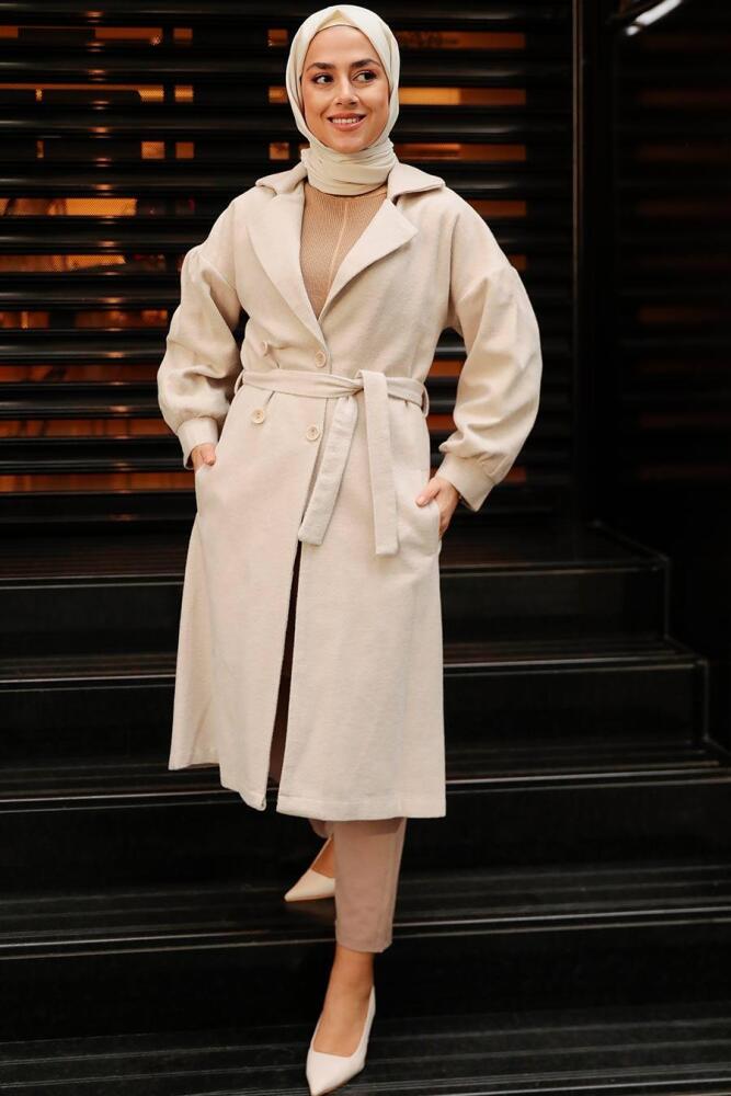 Beige Hijab Stamp Coat 5802BEJ - 8