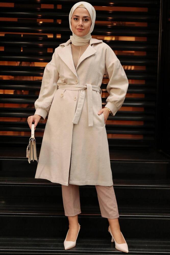 Beige Hijab Stamp Coat 5802BEJ - 7
