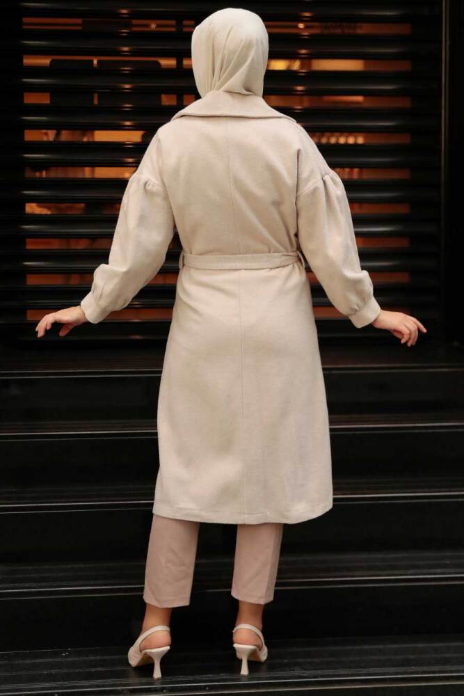 Beige Hijab Stamp Coat 5802BEJ - 9