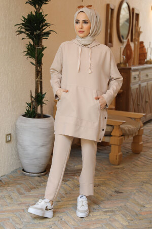 Beige Hijab Suit Dress 21039BEJ - 3