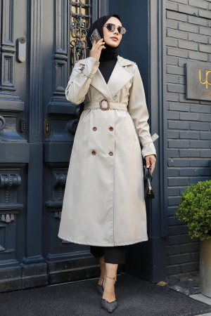 Beige Hijab Trench Coat 5942BEJ - 1