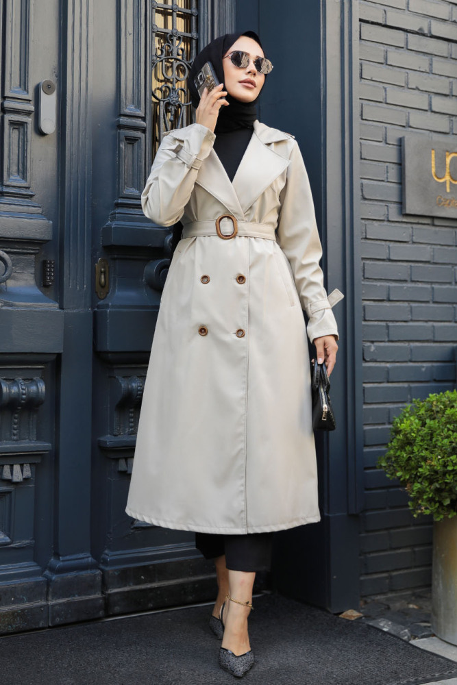 Beige Hijab Trench Coat 5942BEJ - 1