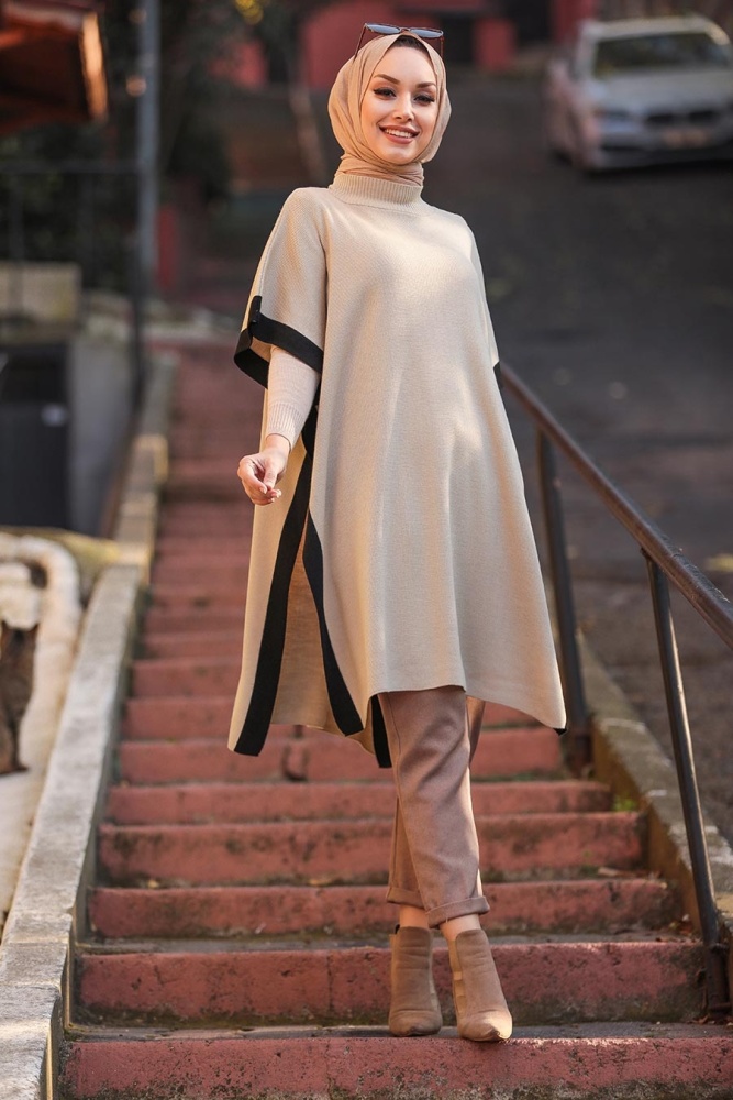 Beige Knitwear Poncho 10112BEJ - 4