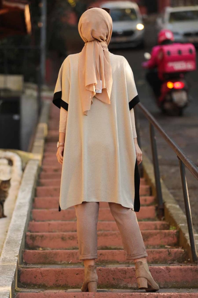 Beige Knitwear Poncho 10112BEJ - 5