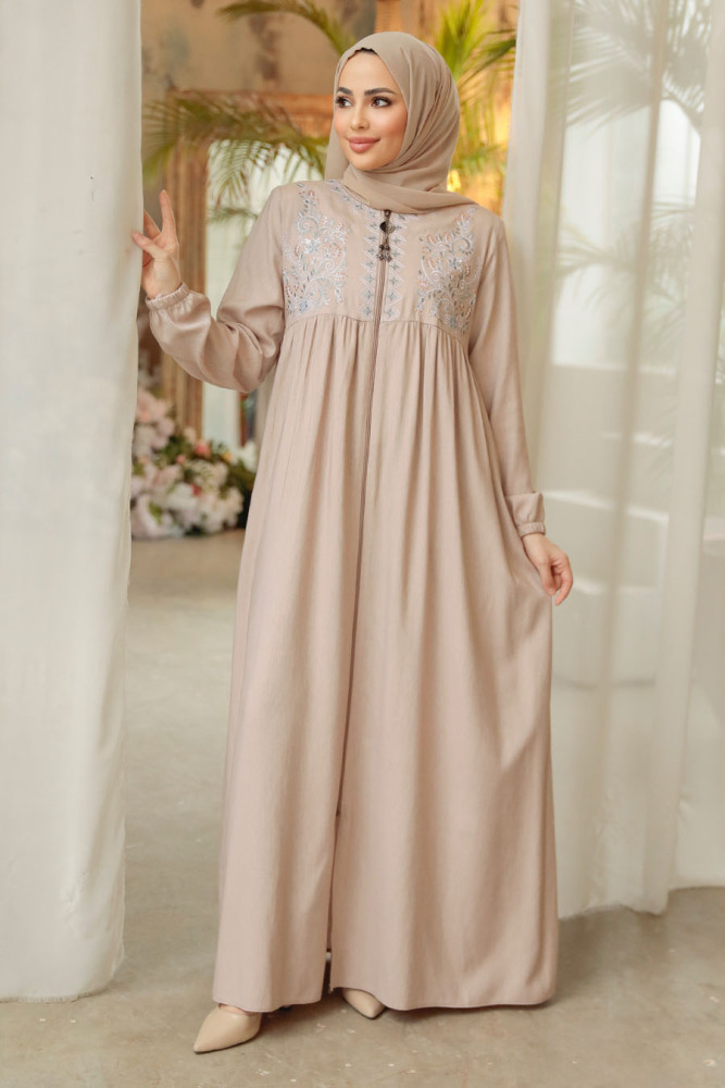 Beige Modest Abaya Dubai 45279BEJ - 1