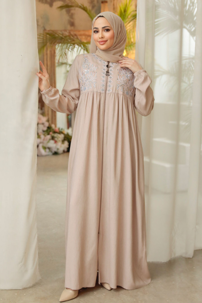 Beige Modest Abaya Dubai 45279BEJ - 3