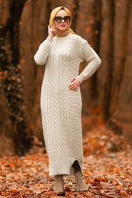 Beige - Nayla Collection - Robe En Tricot Hijab 2111BEJ - Thumbnail