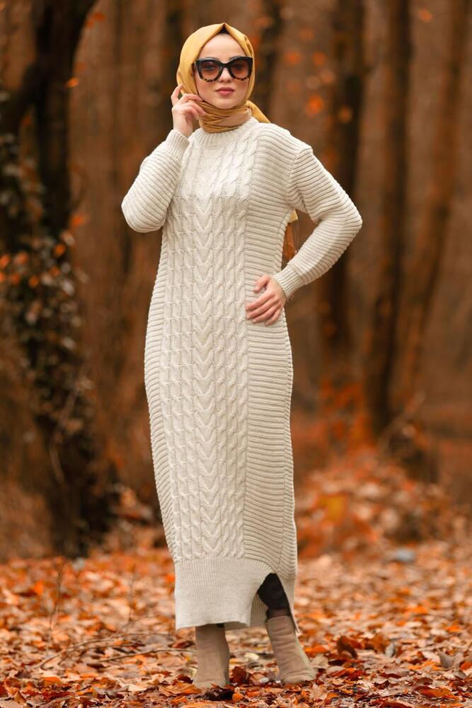 Beige - Nayla Collection - Robe En Tricot Hijab 2111BEJ - 1