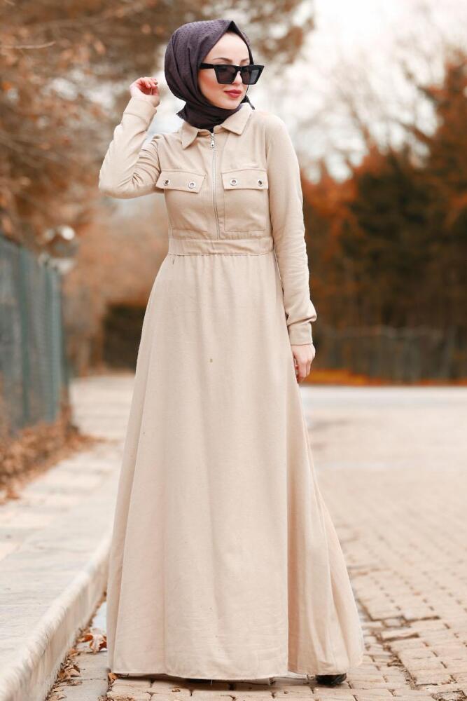 Beige - Nayla Collection - Robe quotidienne Hijab 8347BEJ - 1