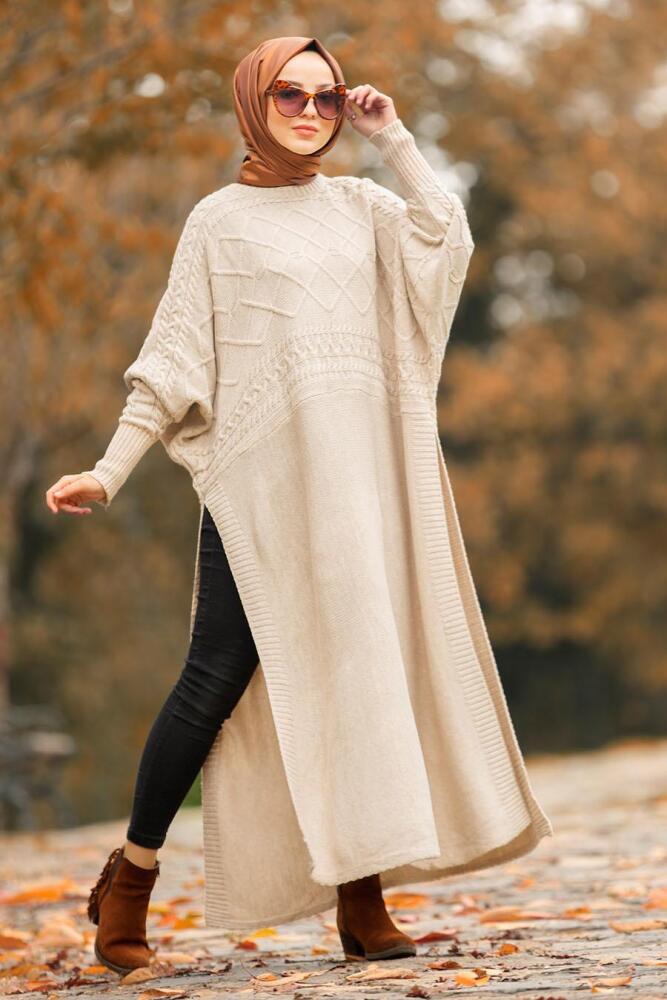 Beige - Nayla Collection - Tricot Poncho Hijab 15598BEJ - 1