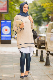 Beige - Neva Style - Hijab Knitwear Tunic 15489BEJ - Thumbnail