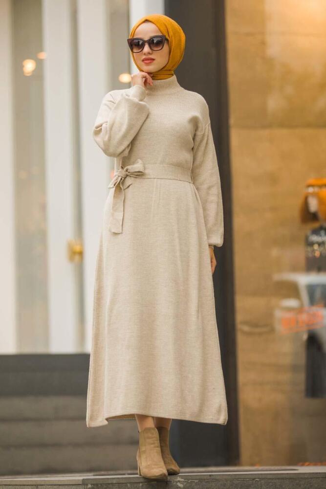 Beige - Neva Style - Robe En Tricot Hijab - 15628BEJ - 1