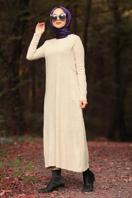 Beige - Neva Style - Tunique En Tricot Hijab 15122BEJ