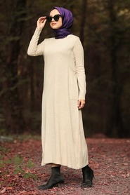 Beige - Neva Style - Tunique En Tricot Hijab 15122BEJ - Thumbnail
