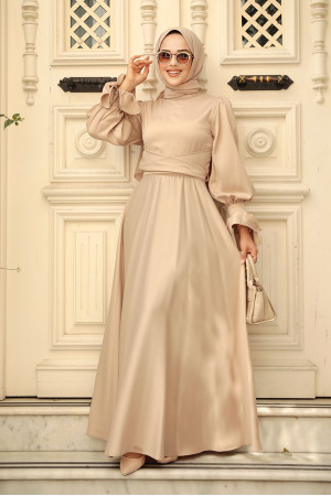 Beige Satin Modest Evening Gown 5983BEJ - 1