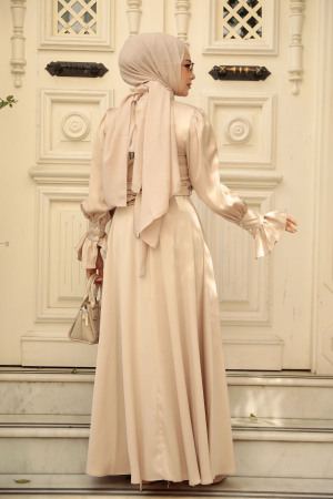 Beige Satin Modest Evening Gown 5983BEJ - 4