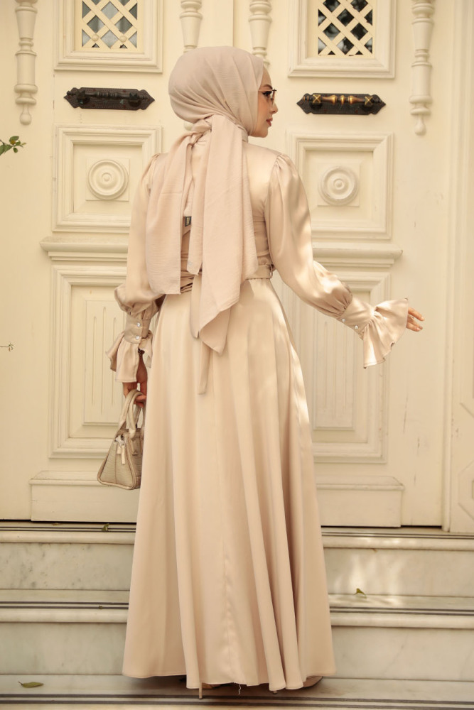 Beige Satin Modest Evening Gown 5983BEJ - 4