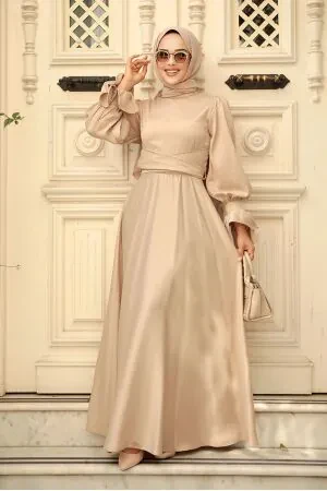 Beige Satin Modest Evening Gown 5983BEJ 