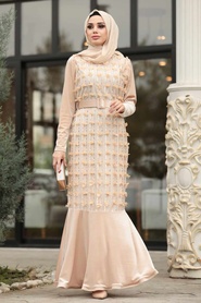 Beige - Tesettürlü Abiye Elbise - Robe de Soirée Hijab - 11031BEJ - Thumbnail