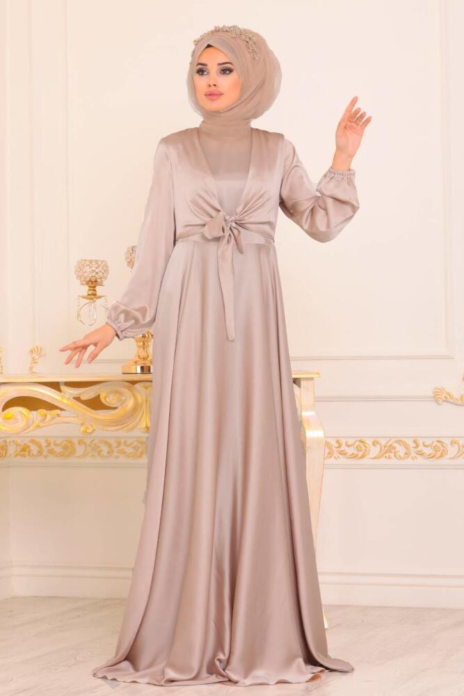 Beige - Tesettürlü Abiye Elbise - Robe de Soirée Hijab - 14251BEJ - 1