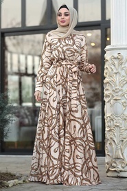 Beige - Tesettürlü Abiye Elbise - Robe de Soirée Hijab - 14680BEJ - Thumbnail