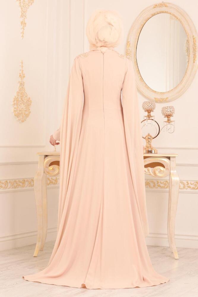 Beige-Tesettürlü Abiye Elbise -Robe de Soirée Hijab 3041BEJ - 3
