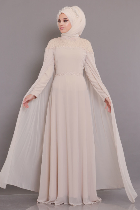 Beige-Tesettürlü Abiye Elbise - Robe de Soirée Hijab 3294BEJ