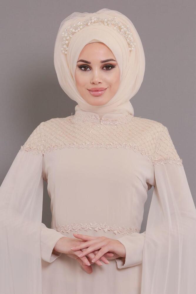 Beige-Tesettürlü Abiye Elbise - Robe de Soirée Hijab 3294BEJ - 2