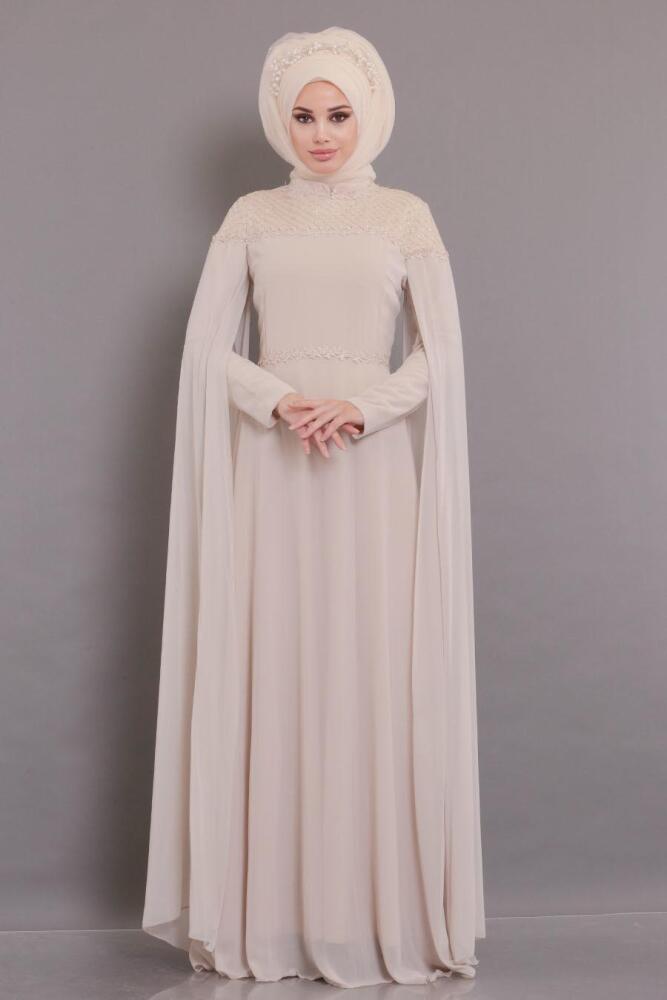 Beige-Tesettürlü Abiye Elbise - Robe de Soirée Hijab 3294BEJ - 3