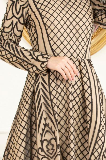 Beige - Tesettürlü Abiye Elbise - Robe de Soirée Hijab 3719BEJ - 3