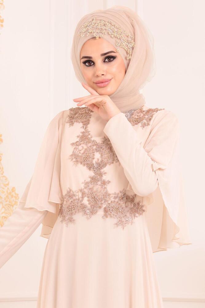 Beige-Tesettürlü Abiye Elbise - Robe de Soirée Hijab 37870BEJ - 2