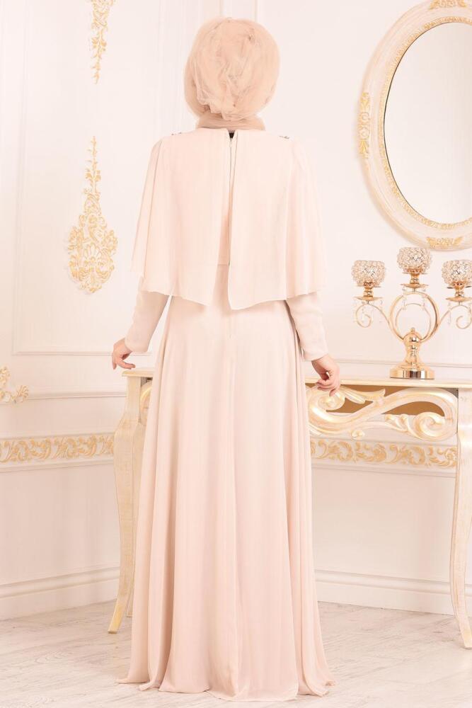 Beige-Tesettürlü Abiye Elbise - Robe de Soirée Hijab 37870BEJ - 3