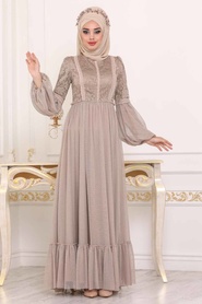 Beige - Tesettürlü Abiye Elbise - Robe de Soirée Hijab - 3890BEJ - Thumbnail