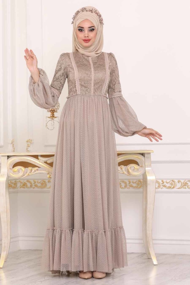 Beige - Tesettürlü Abiye Elbise - Robe de Soirée Hijab - 3890BEJ - 1