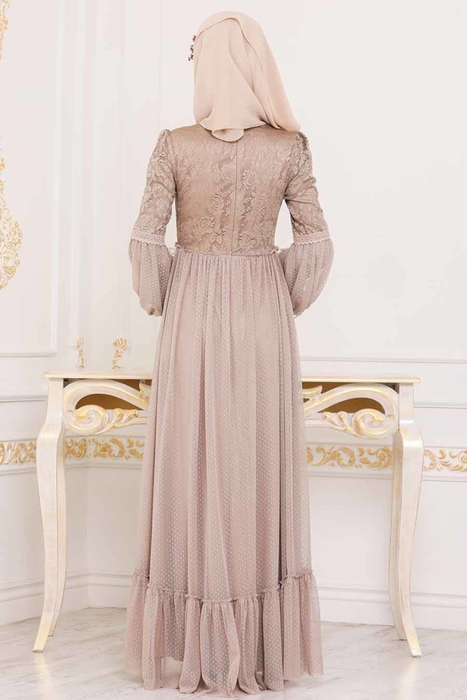 Beige - Tesettürlü Abiye Elbise - Robe de Soirée Hijab - 3890BEJ - 2