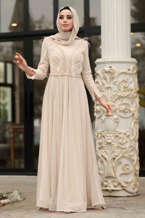 Beige - Tesettürlü Abiye Elbise - Robe de Soirée Hijab - 3959BEJ - 1
