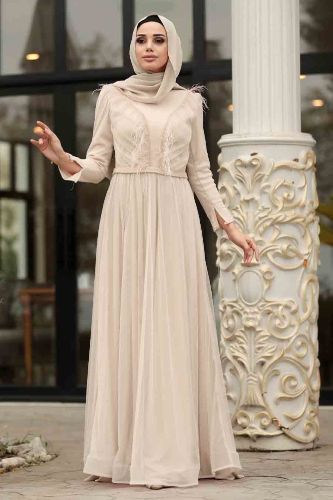 Beige - Tesettürlü Abiye Elbise - Robe de Soirée Hijab - 3959BEJ - 1