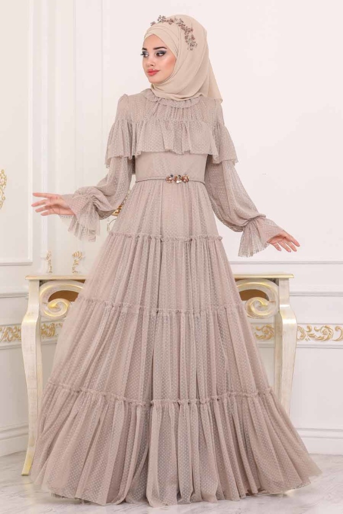 Beige - Tesettürlü Abiye Elbise - Robe de Soirée Hijab - 3975BEJ - 1