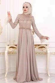 Beige - Tesettürlü Abiye Elbise - Robe de Soirée Hijab - 39850BEJ - Thumbnail