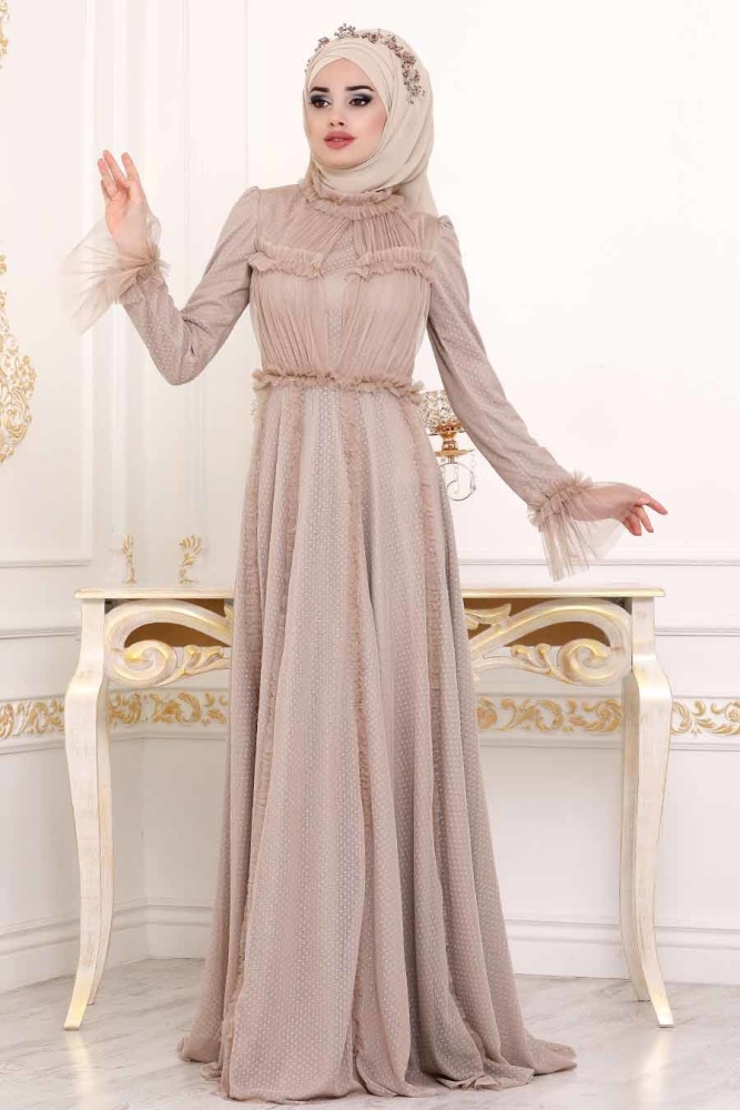 Beige - Tesettürlü Abiye Elbise - Robe de Soirée Hijab - 39850BEJ - 1