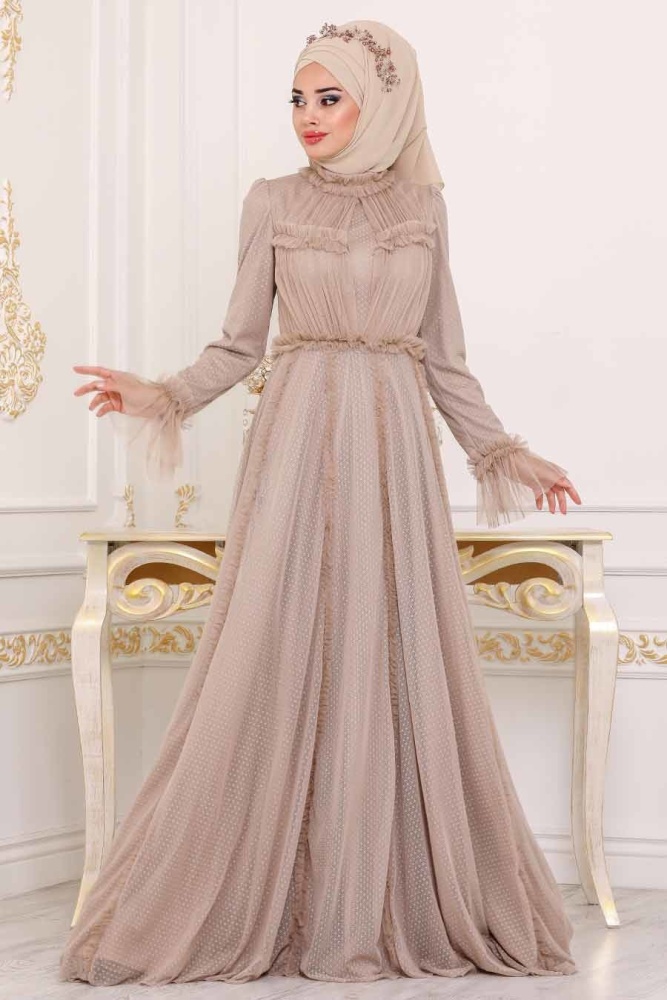 Beige - Tesettürlü Abiye Elbise - Robe de Soirée Hijab - 39850BEJ - 2