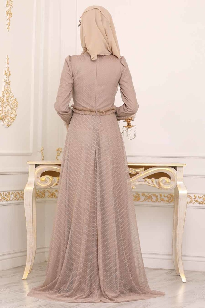 Beige - Tesettürlü Abiye Elbise - Robe de Soirée Hijab - 39850BEJ - 3