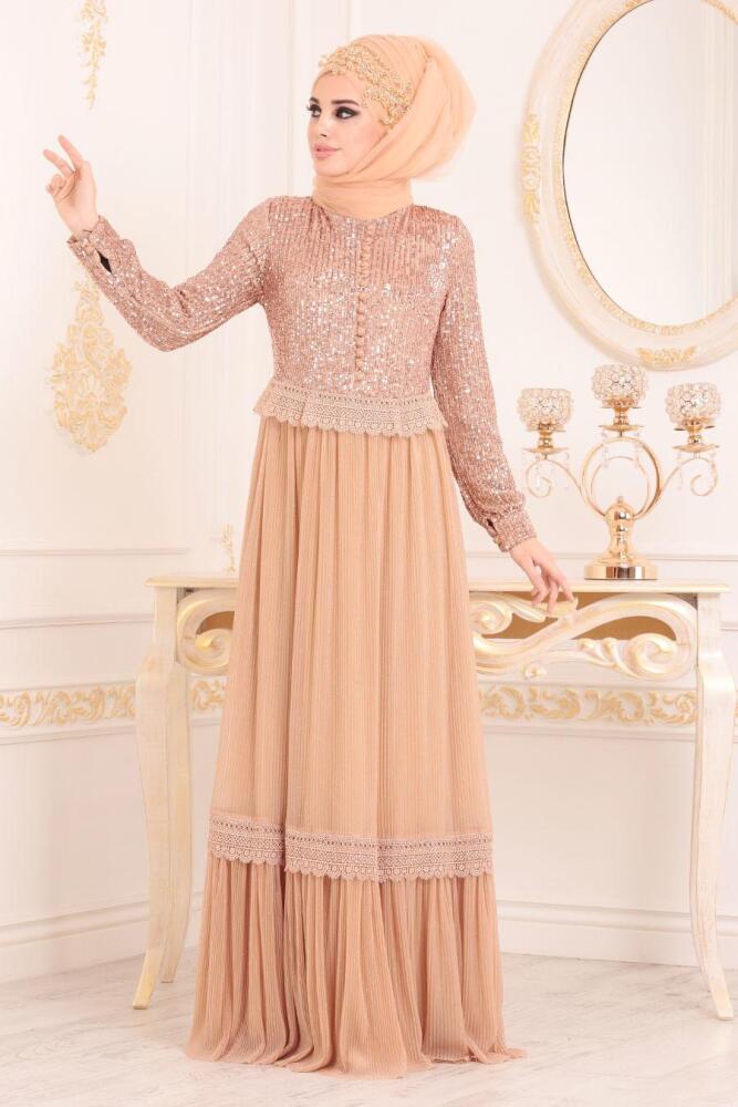 Beige- Tesettürlü Abiye Elbise - Robe de Soirée Hijab 8532BEJ - 1