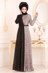 Beige-Tesettürlü Abiye Elbise - Robe de Soirée Hijab 85590BEJ - Thumbnail