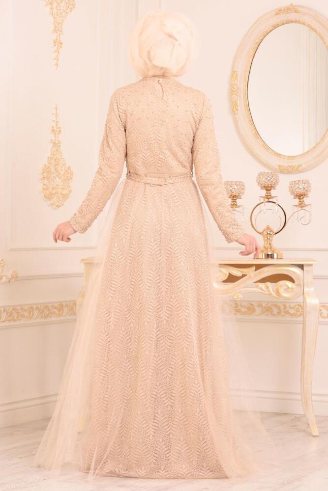Beige - Tesettürlü Abiye Elbise - Robes de Soirée 3290BEJ - 3