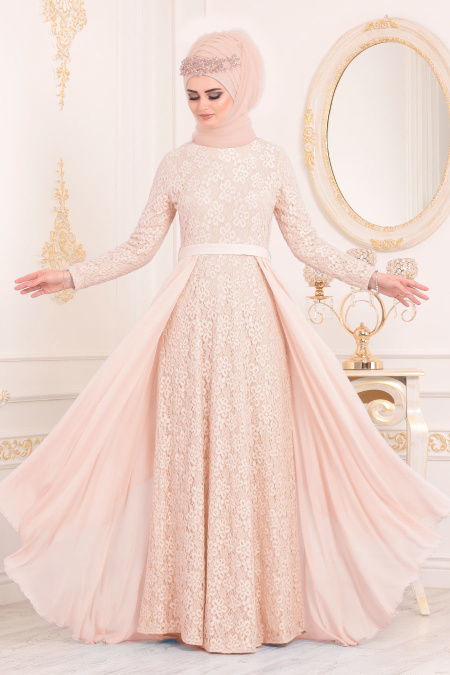 Beige - Tesettürlü Abiye Elbise - Robes de Soirée 3308BEJ