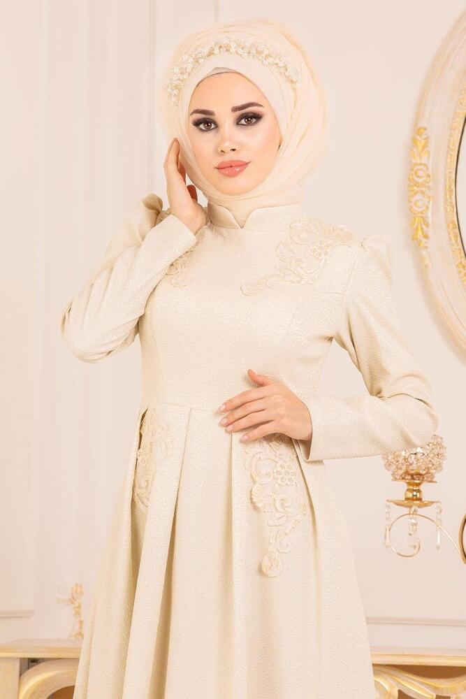 Beige - Tesettürlü Abiye Elbise - Robes de Soirée 36540BEJ - 2