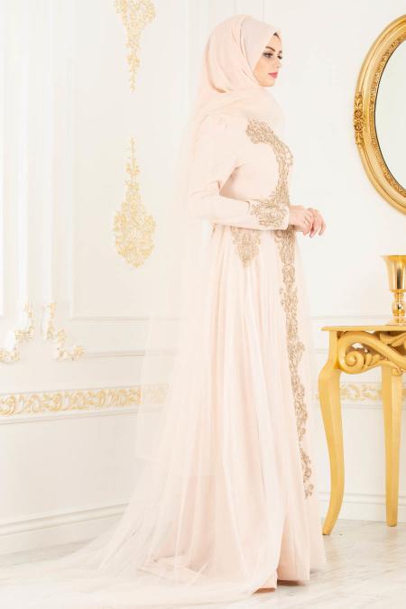 Beige - Tesettürlü Abiye Elbise - Robes de Soirée 70391BEJ - 2