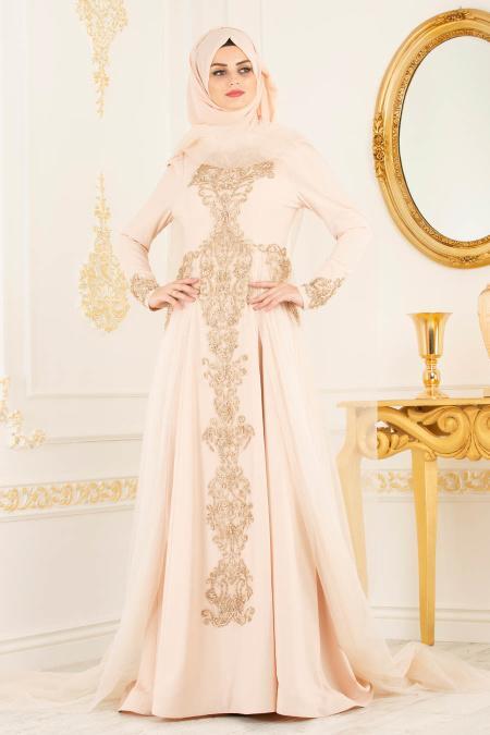 Beige - Tesettürlü Abiye Elbise - Robes de Soirée 70391BEJ - 3